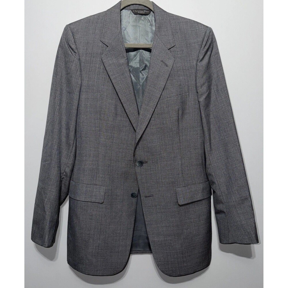VTG Christian Dior Monsieur Mens Gray Micro Check Blazer Suit Jacket Made USA